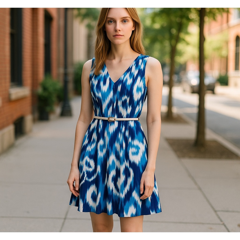 Ellen Tracy Blue White Sleeveless Dress 4 Women Watercolor Flare Coquette